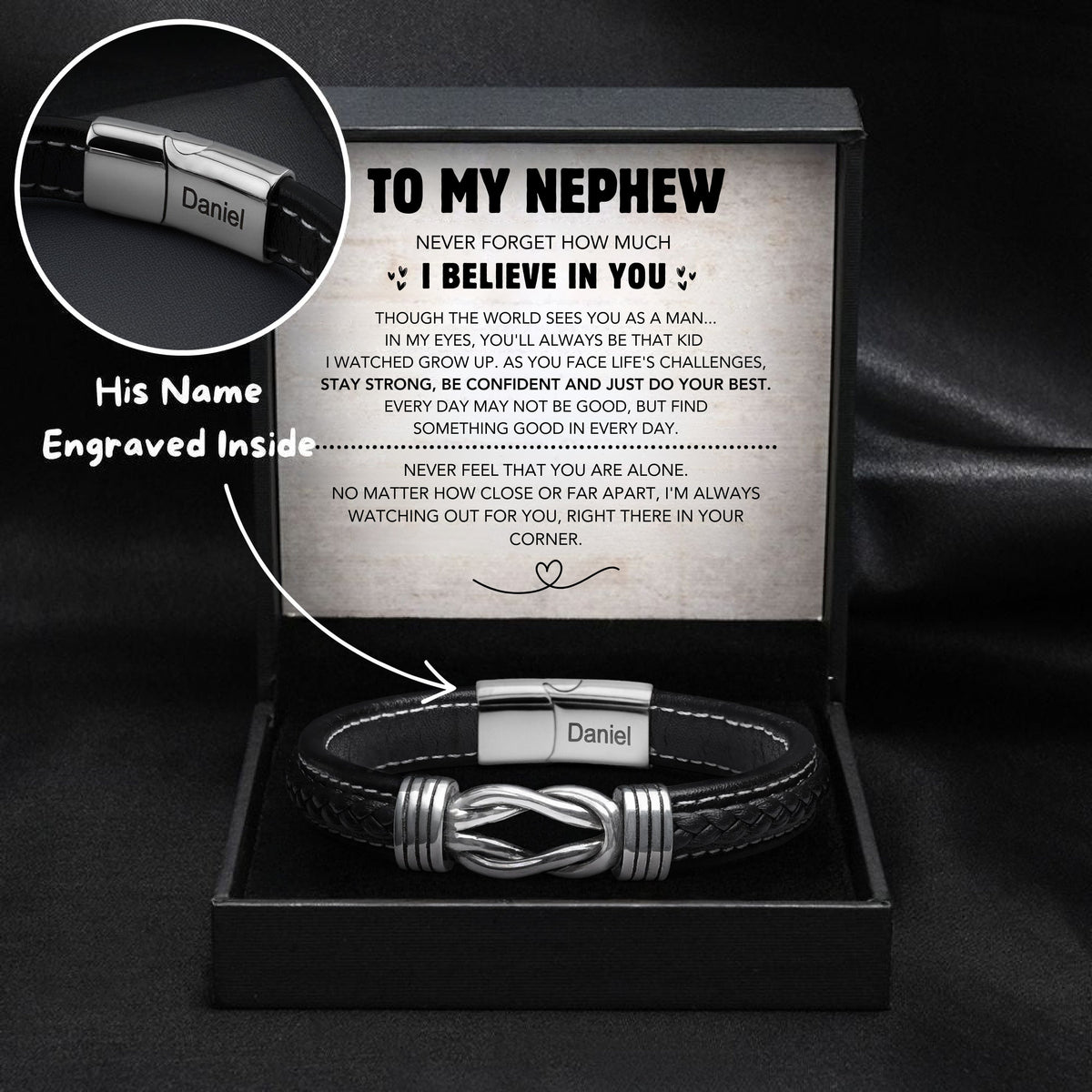 Nephew's Infinity Knot Bracelet Gift Set with Engraved Name