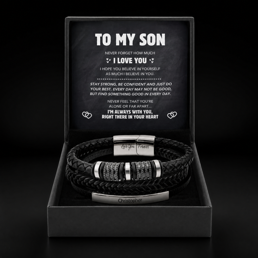 Forever Connected son's customized bracelet in gift box