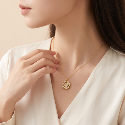 Four-leaf clover necklace worn side view