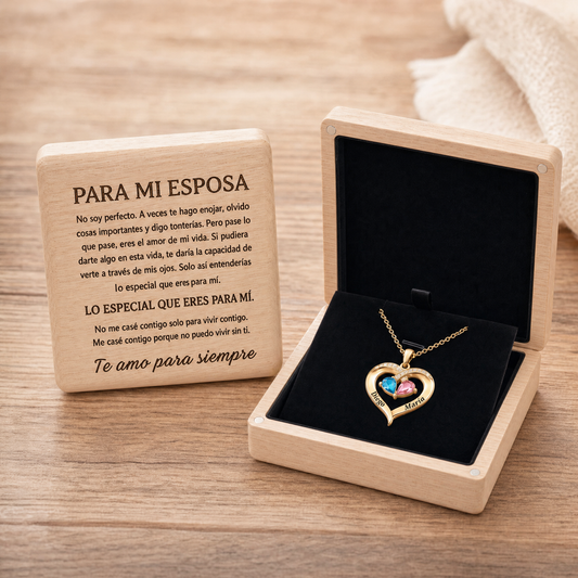 Siempre Tuya collar de corazón con caja de nogal grabada