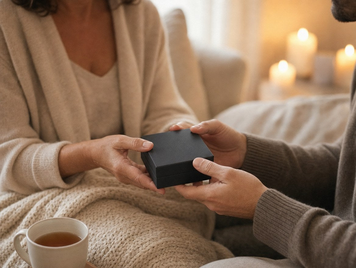 Handing over a black jewelry gift box