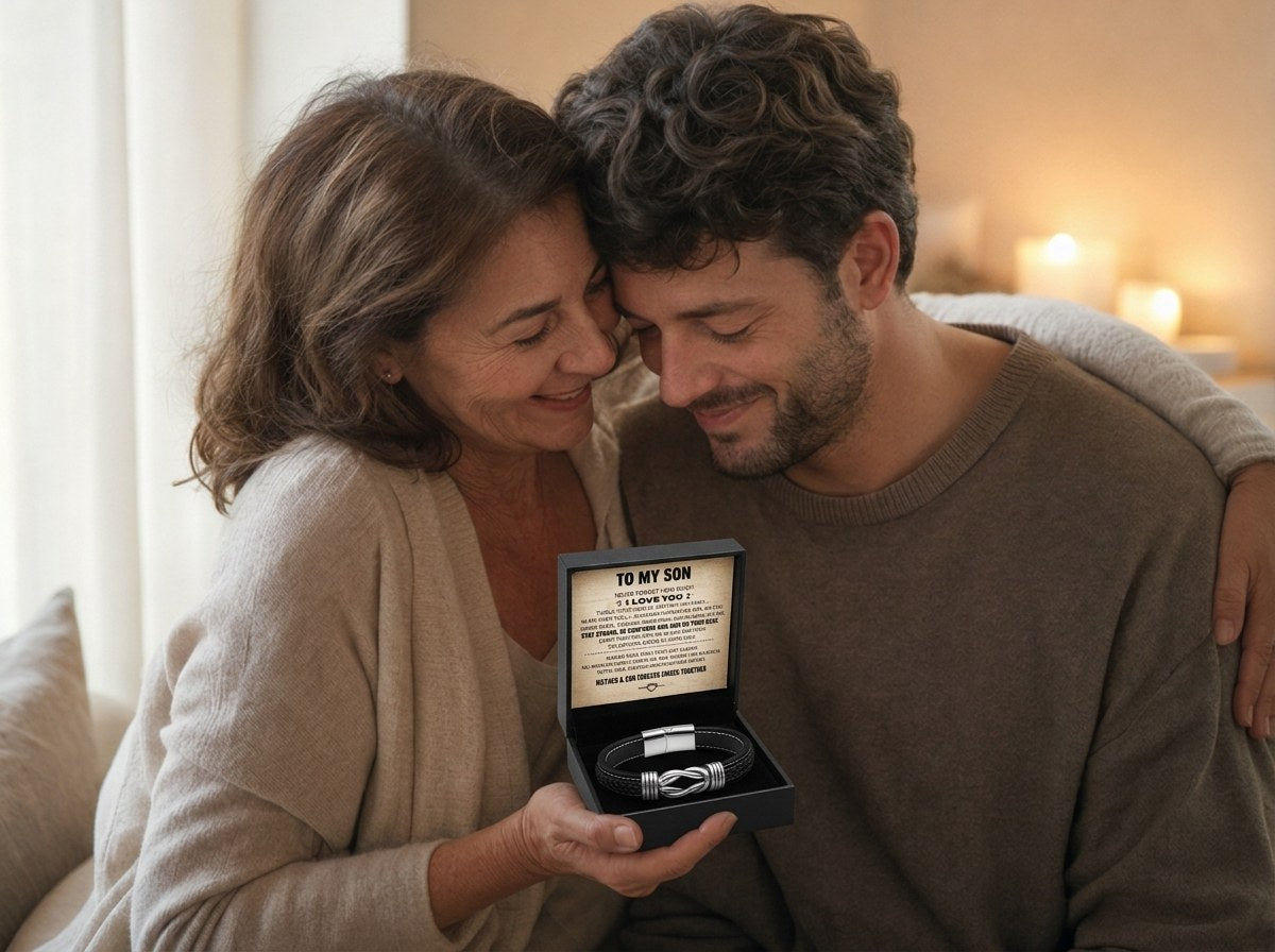 Mother gifting her son a bracelet